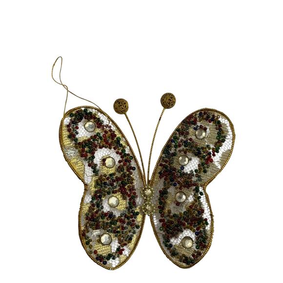Vintage Gold Beaded Butterfly Christmas Ornament Mesh Hanging - Picture 14 of 15